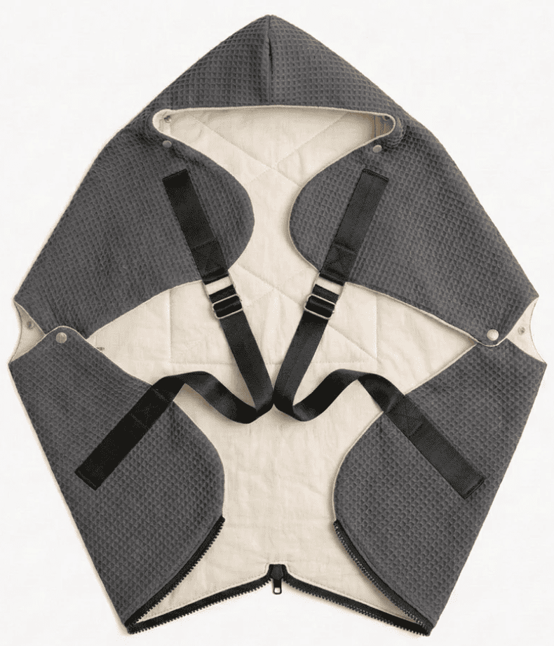 Ergonomic KESLOVE Gray baby carrier made of natural waffle muslin fabric, top view.