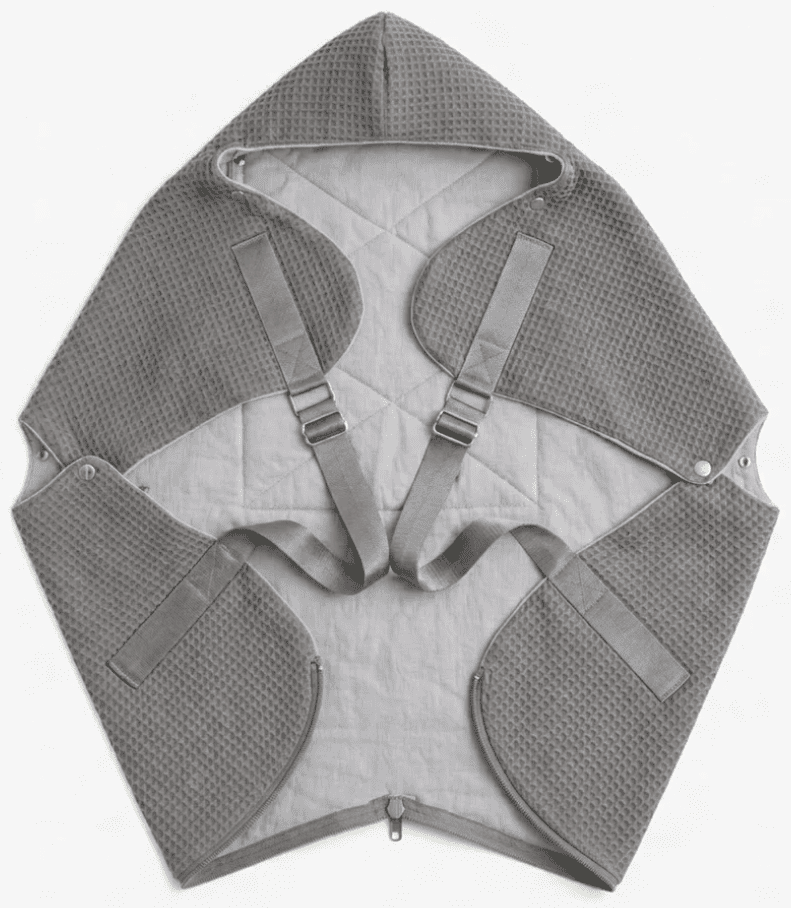 Ergonomic KESLOVE Platinum Gray baby carrier made of natural waffle muslin fabric, top view.