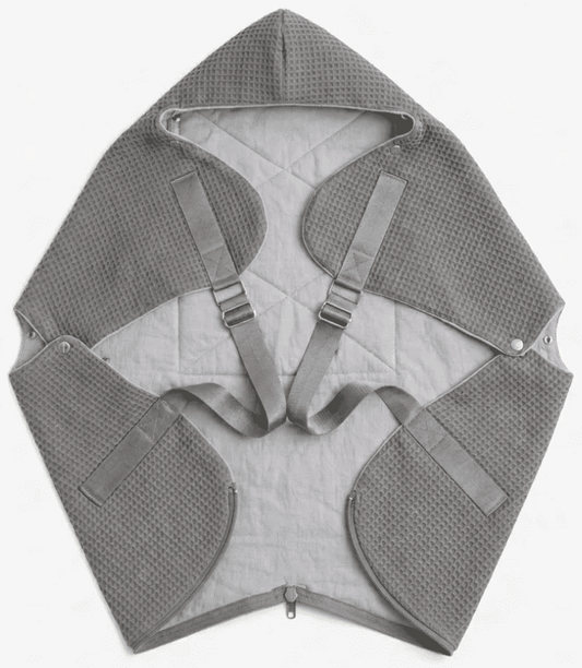 Ergonomic KESLOVE Platinum Gray baby carrier made of natural waffle muslin fabric, top view.