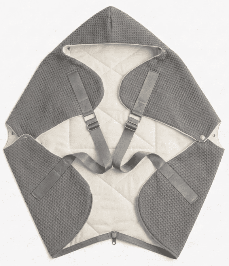 Ergonomic KESLOVE Silver baby carrier made of natural waffle muslin fabric, top view.