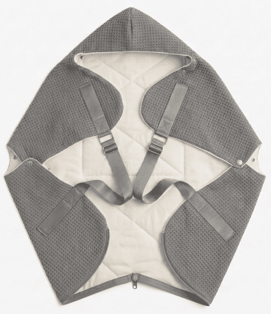 Ergonomic KESLOVE Silver baby carrier made of natural waffle muslin fabric, top view.